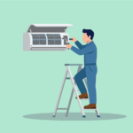 repair, air conditioning, technician, service, maintenance, ladder, wrench, home, worker, fix, mechanic, cooling, professional, equipment, electronics, installer, ac unit, household, handyman, temperature